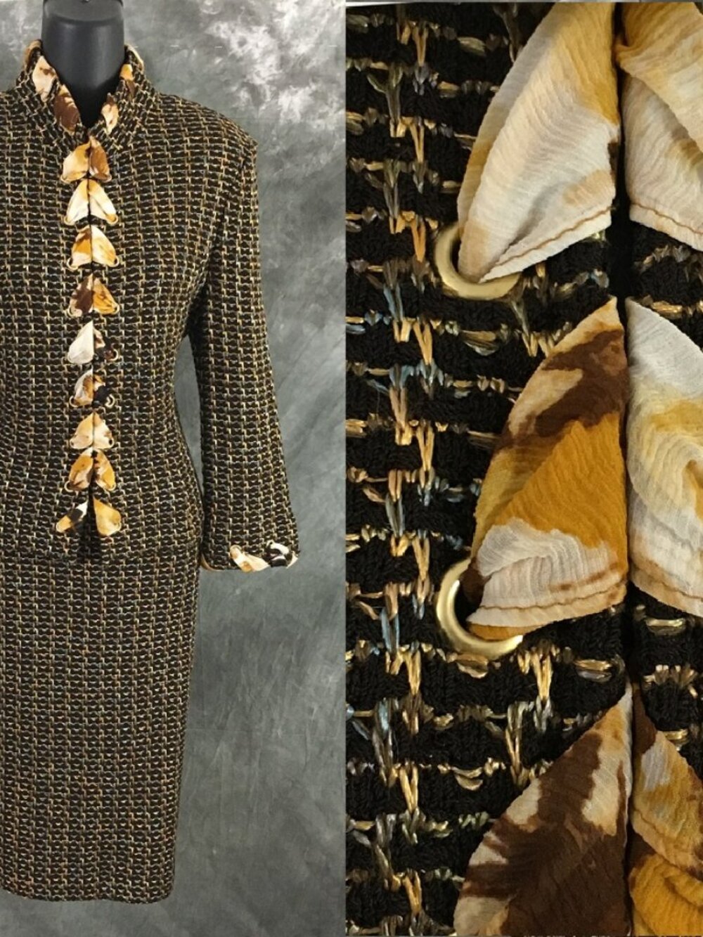 BEAUTIFUL St John knit brown yellow multi jacket skirt suit size 2